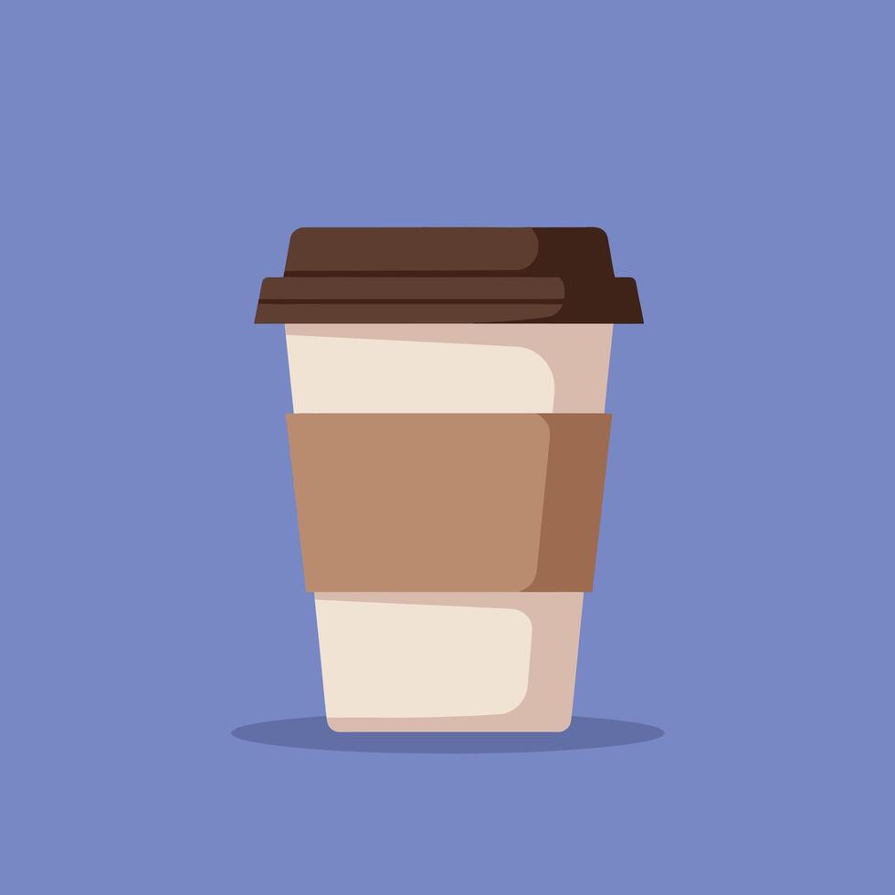 Single disposable coffee cup with brown sleeve and lid in flat minimal style illustration vector