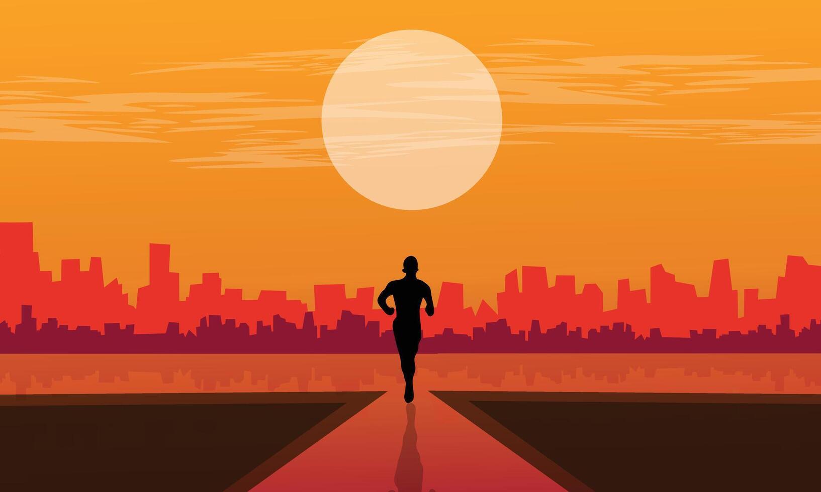 A silhouette of a man running in front of a city at sunset vector