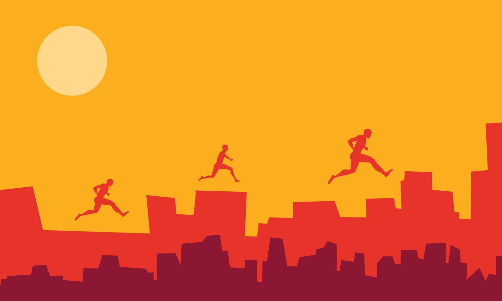 Illustration of people running in the city at sunset vector