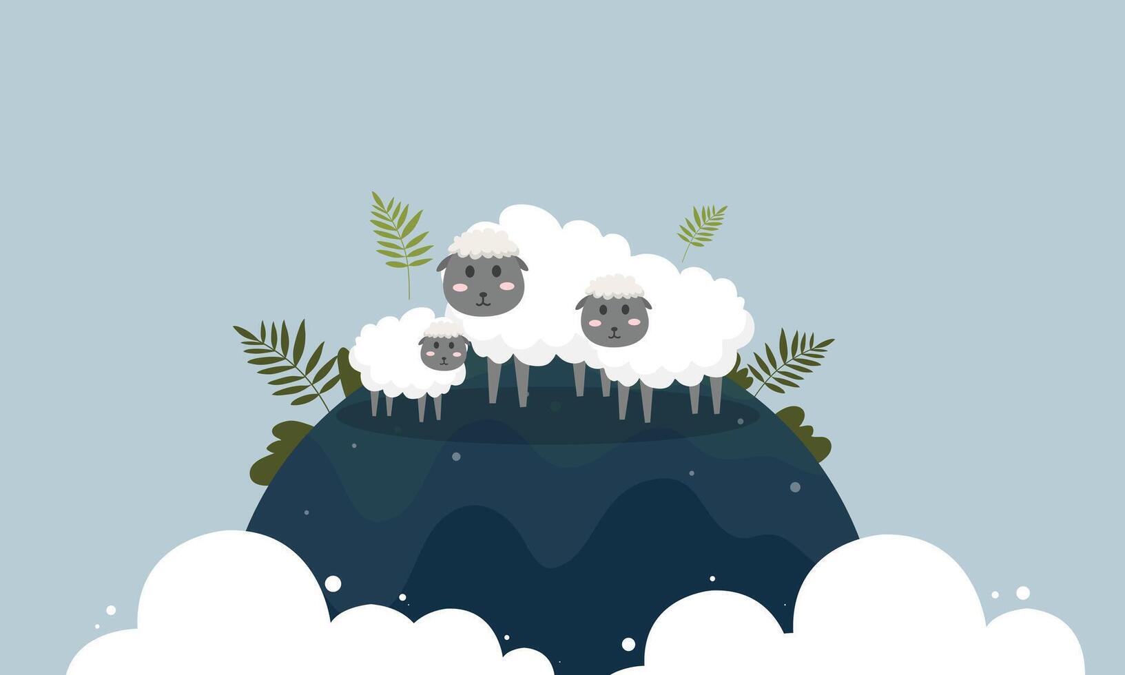 Sheep on a hill with clouds and plants vector
