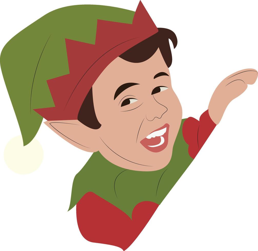 A cartoon elf with a sign pointing to the left vector