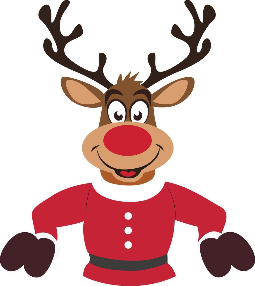 Reindeer cartoon character with red nose and red jacket vector