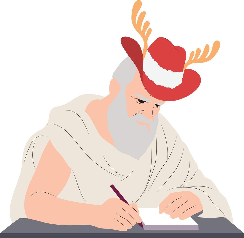 A man wearing a deer hat writing in a notebook vector