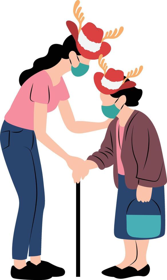 An elderly woman wearing a mask and a woman with a cane vector
