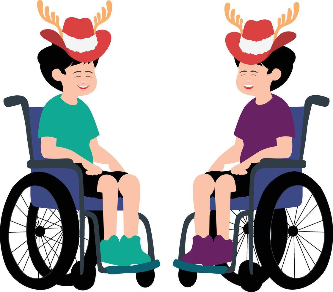 Two boys in wheelchairs with deer antlers on their heads vector