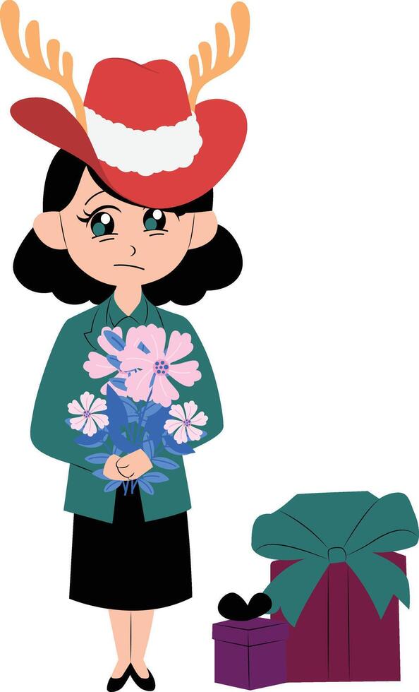 A cartoon woman holding flowers and a gift vector