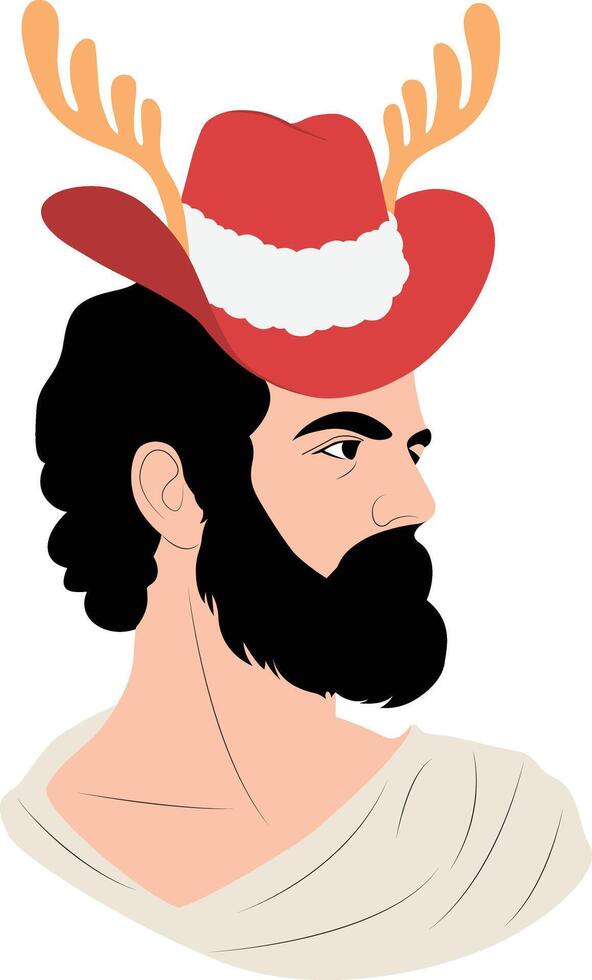 A man with a beard and antlers wearing a red hat vector