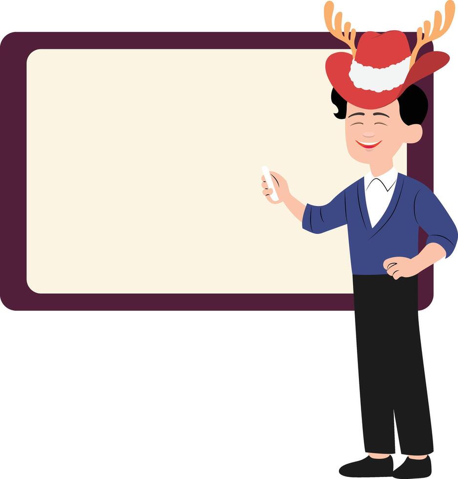 A cartoon man in a santa hat pointing at a blank board vector
