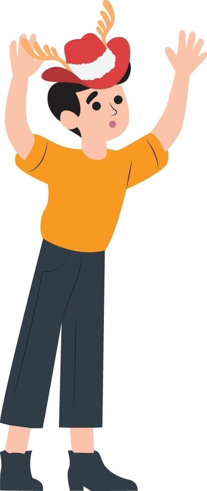 A cartoon boy wearing a red hat and holding his hands up vector