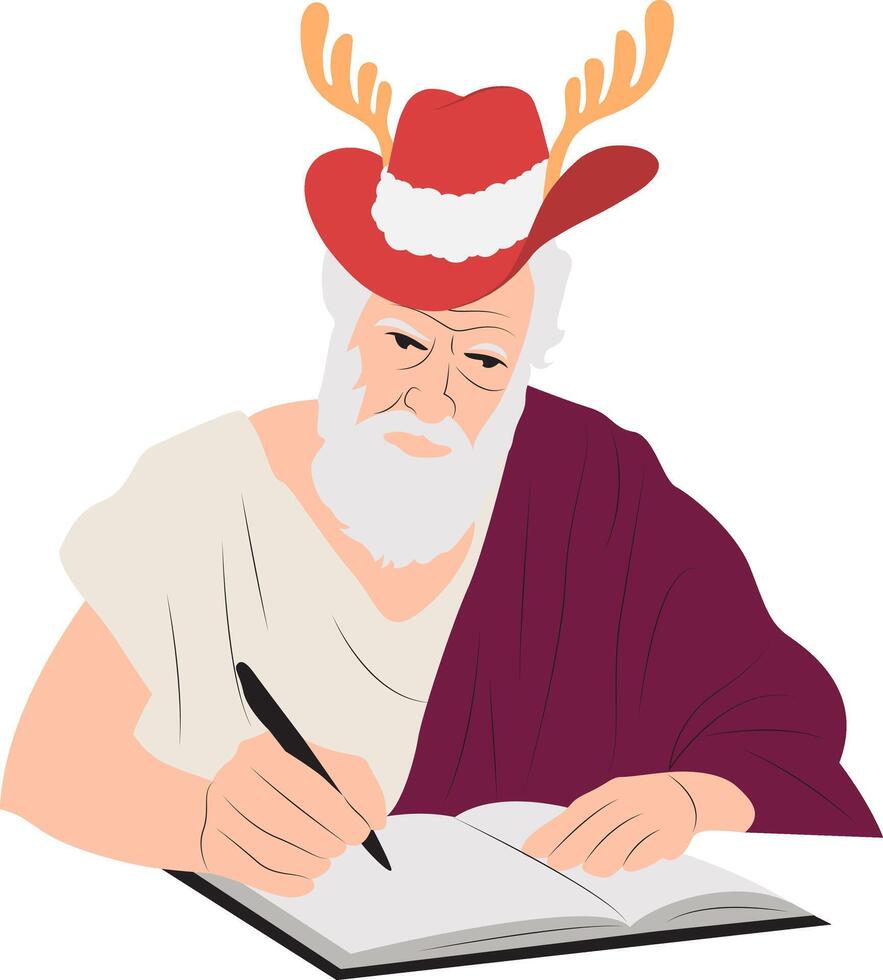 A cartoon of a man wearing a santa hat writing a book vector