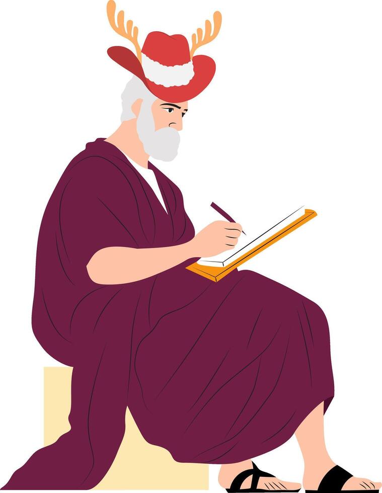 A man in a deer hat is writing on a piece of paper vector