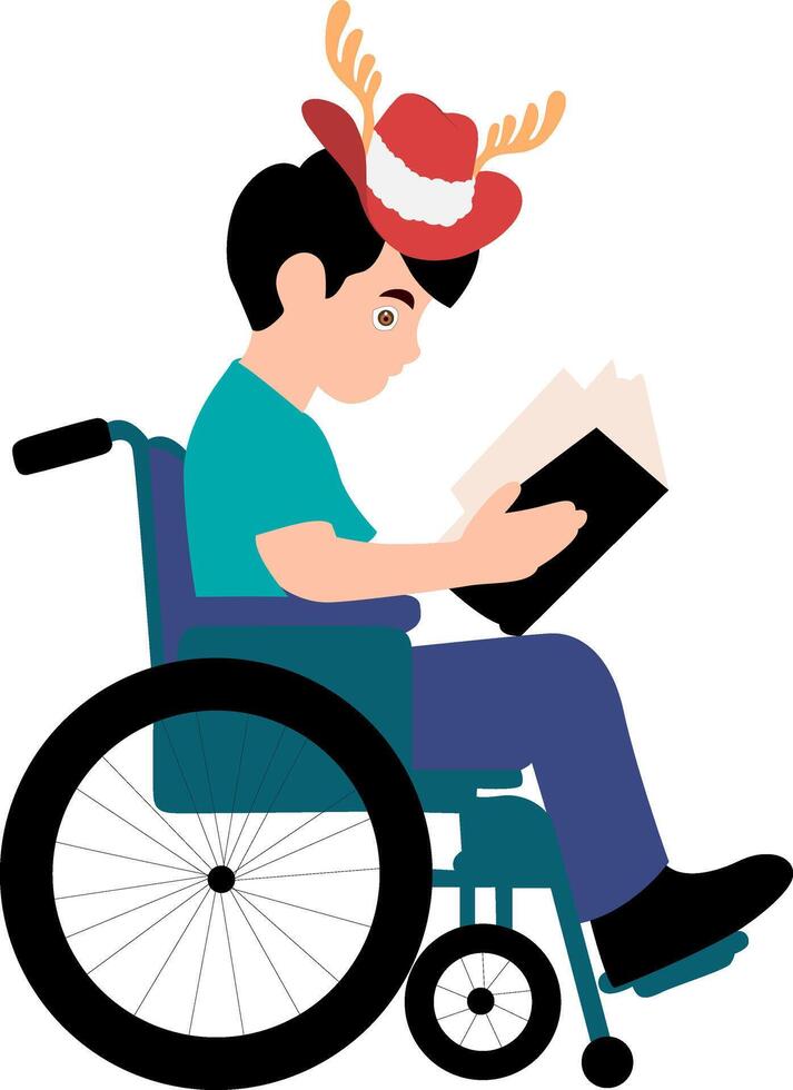 Christmas Wheelchair User Reading Book Festive Hat vector