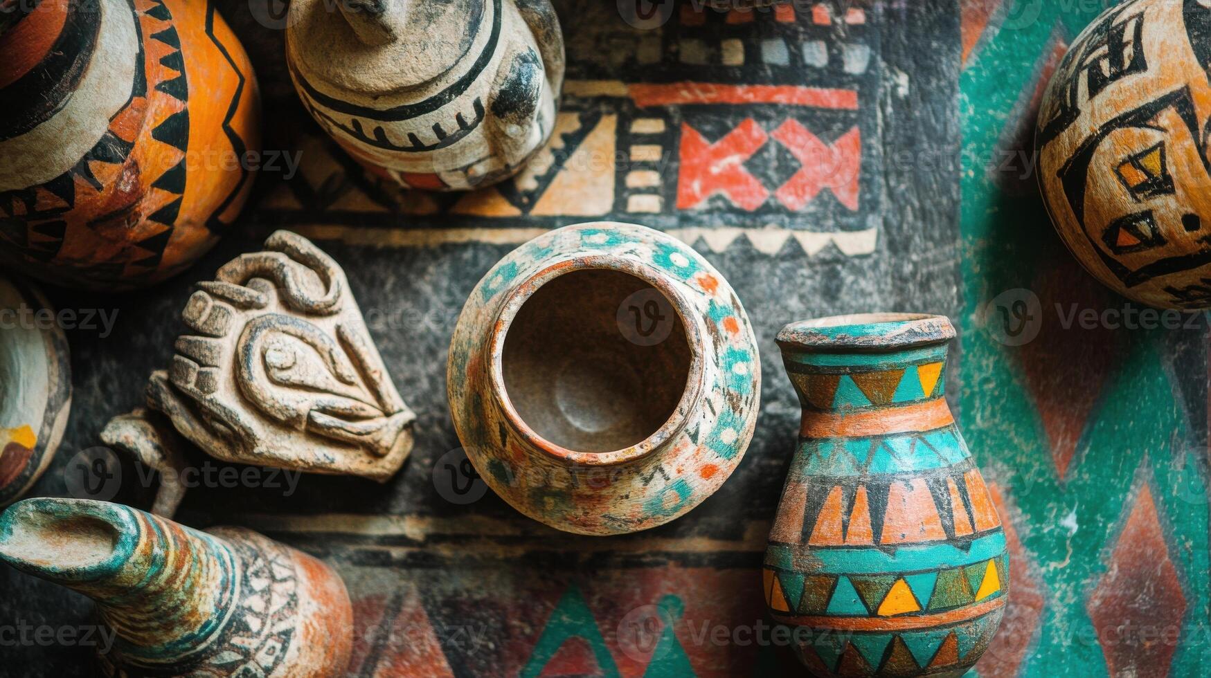 An assortment of colorful pottery on a table photo
