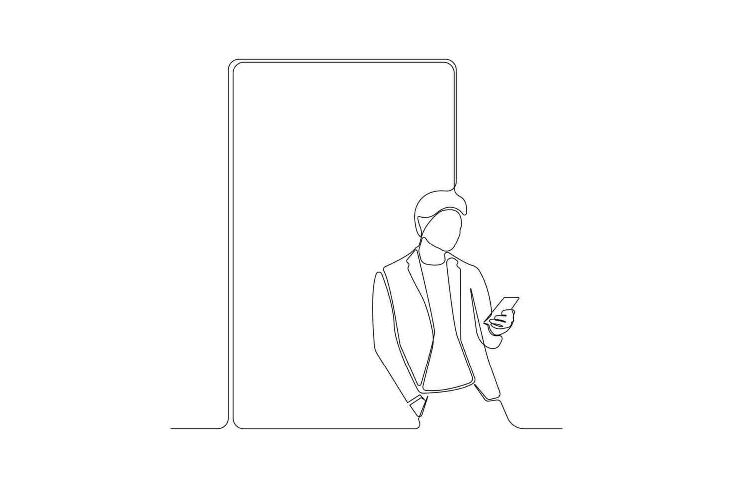 Man leaning against the wall and using smartphone one-line art drawing. vector
