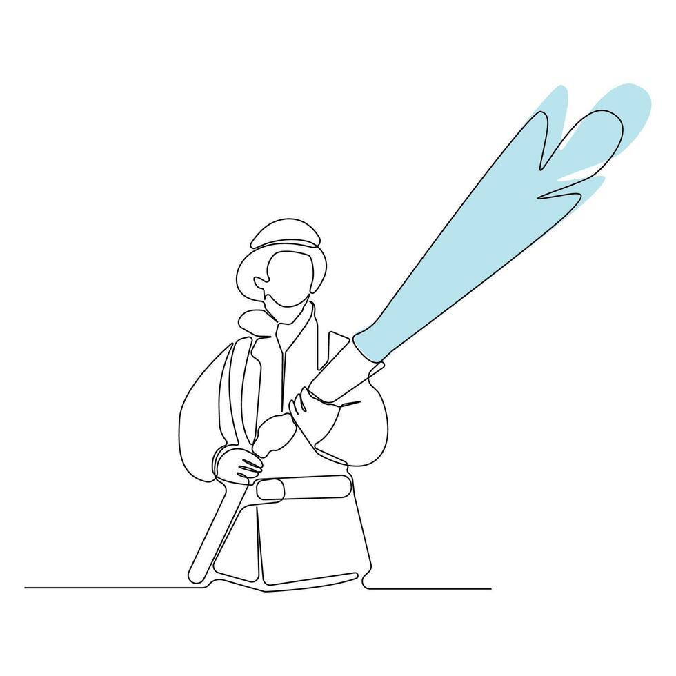 Hand-drawn fireman with hose continuous line art drawing. vector