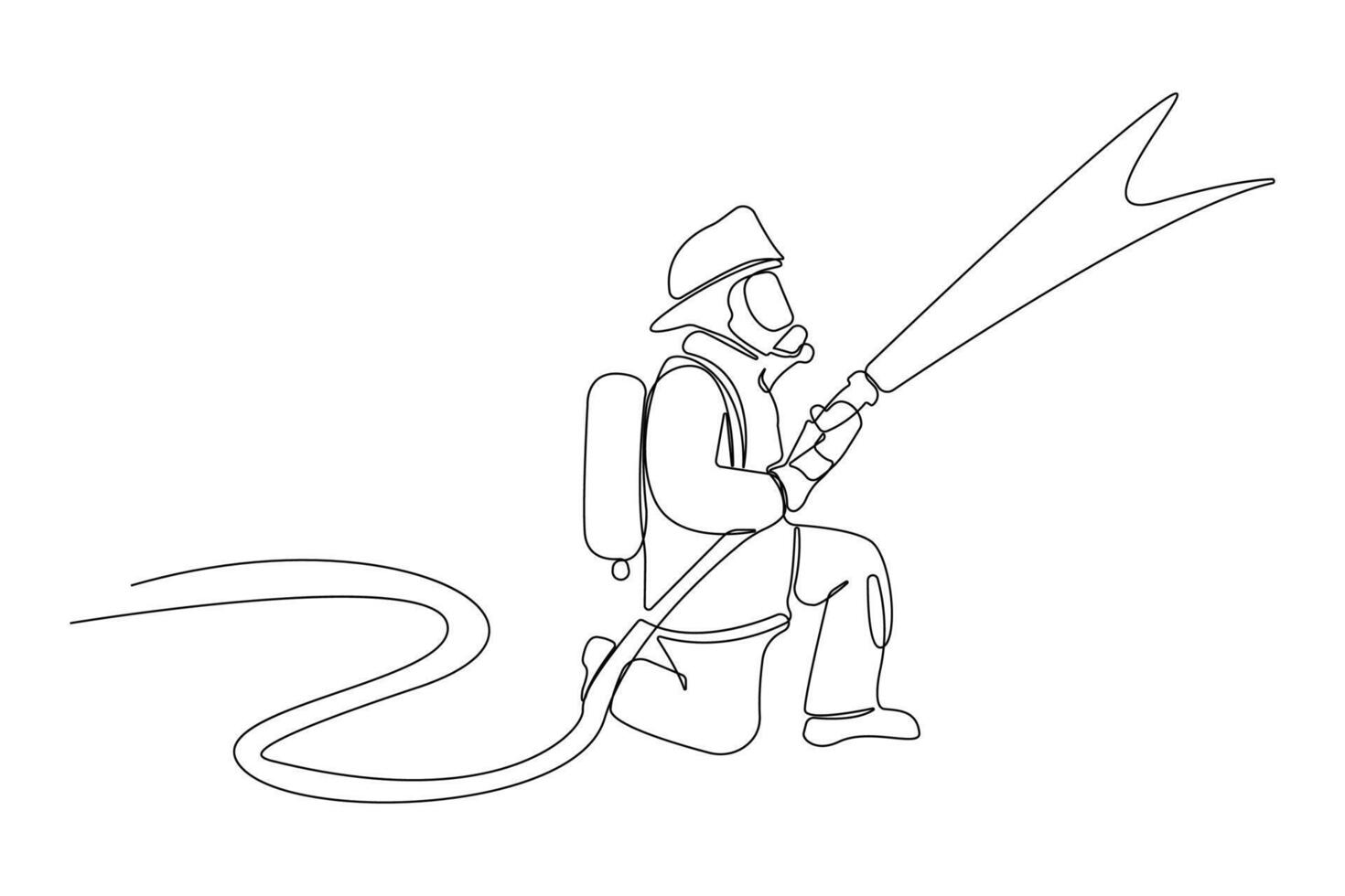 Hand-drawn firefighter with hose one-line art drawing. vector