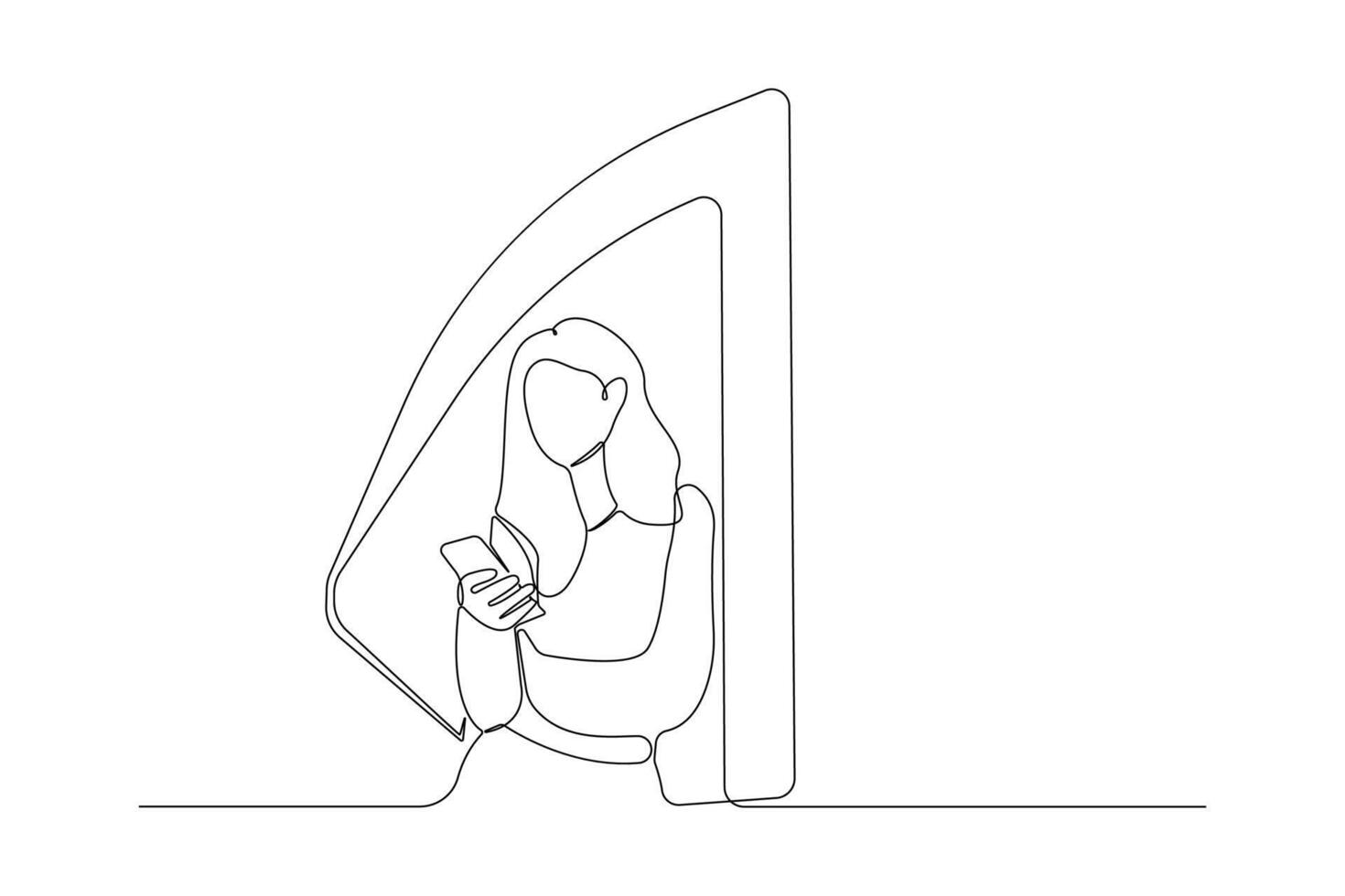 Young girl leaning against the wall and using smartphone one-line art drawing. vector
