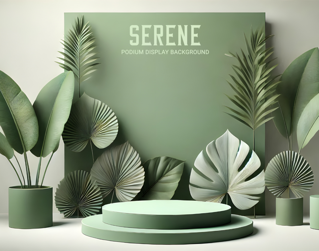 Round podium with serene green tropical artwork and soft shadows psd