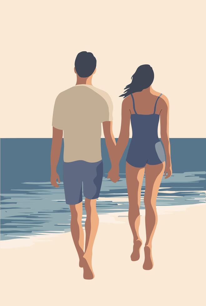 Couple walking on the beach. Illustration vector