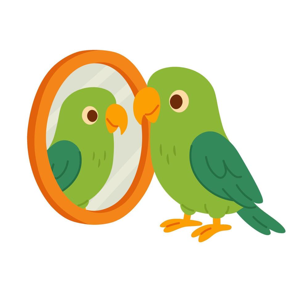 Funny cartoon green parrot looking at reflection in mirror. Flat clipart of pet bird. vector
