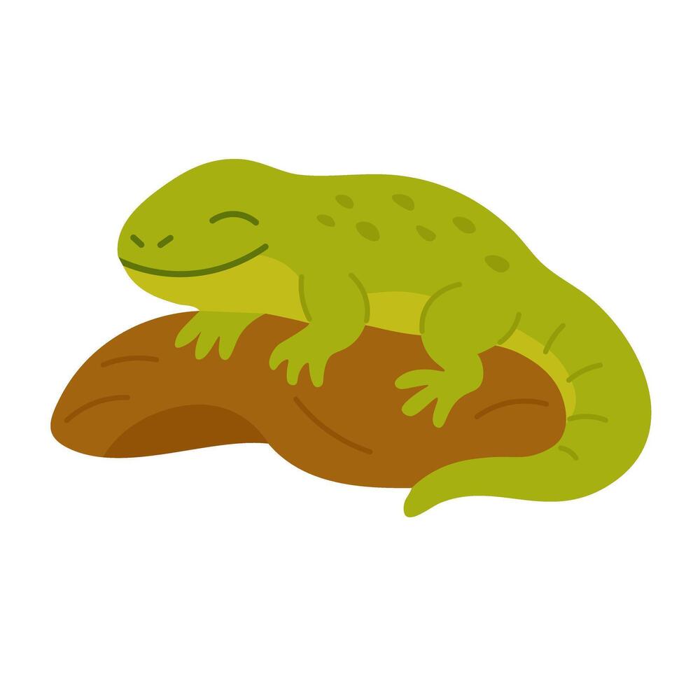 Adorable green gecko peacefully resting on a brown rock, colorful flat cartoon illustration. vector
