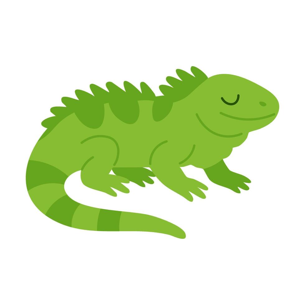 Charming green iguana peacefully resting with closed eyes, colorful flat animal illustration. vector
