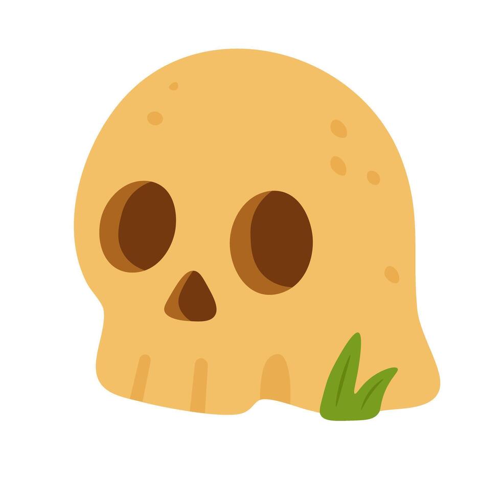 Flat cartoon illustration of a cute sandy skull decoration with green plant for terrarium or aquarium. vector