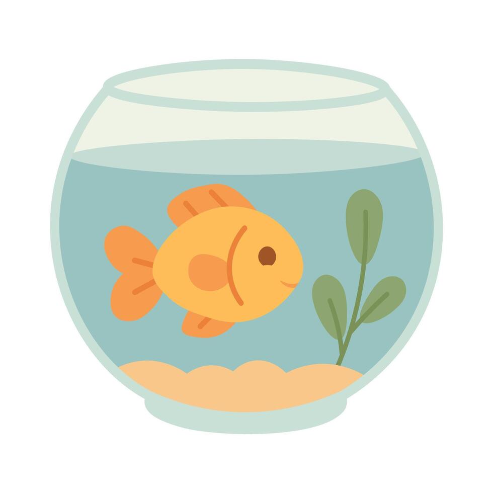 Adorable yellow fish with orange fins swimming in a small round aquarium, colorful flat cartoon illustration. vector