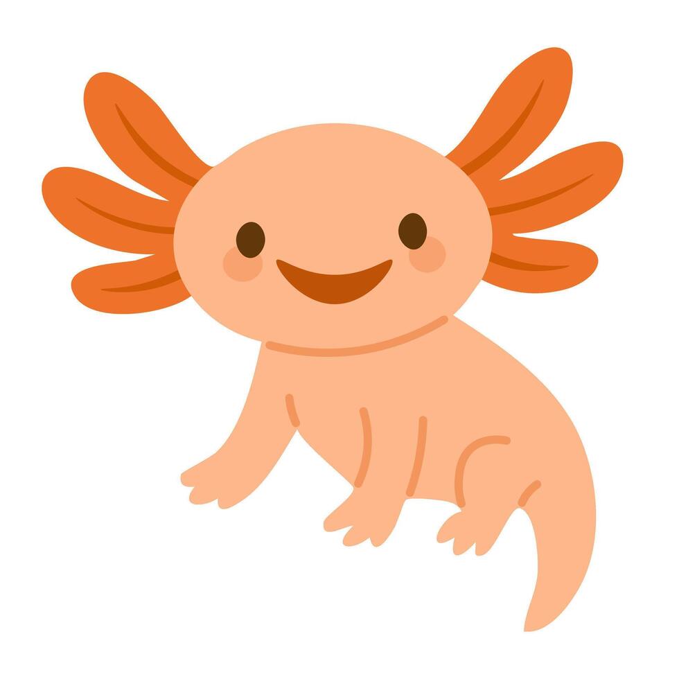 Adorable peach-colored axolotl smiling happily, cute aquatic exotic pet flat cartoon illustration. vector