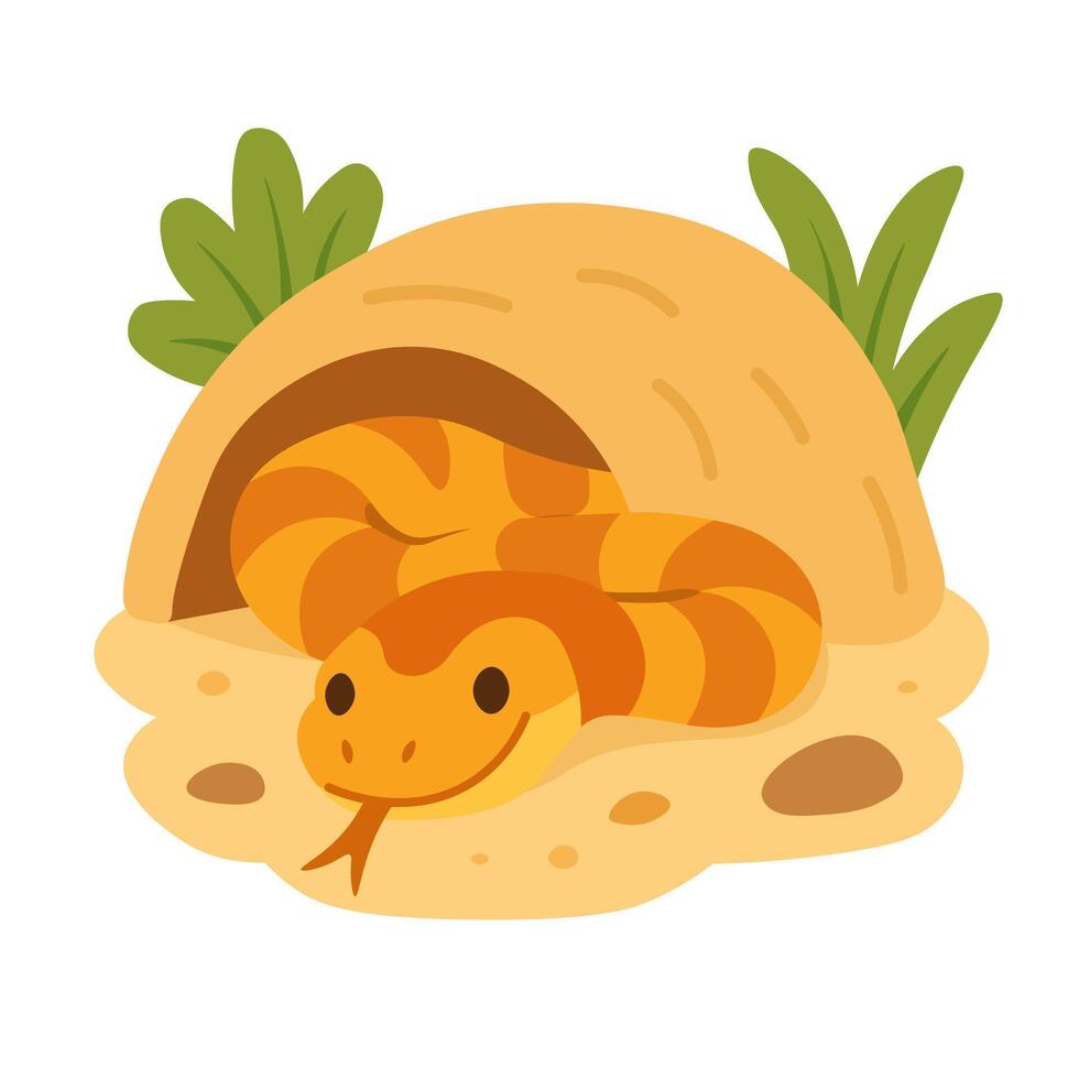Adorable orange snake resting inside a cozy sandy hideout, colorful flat cartoon illustration. vector