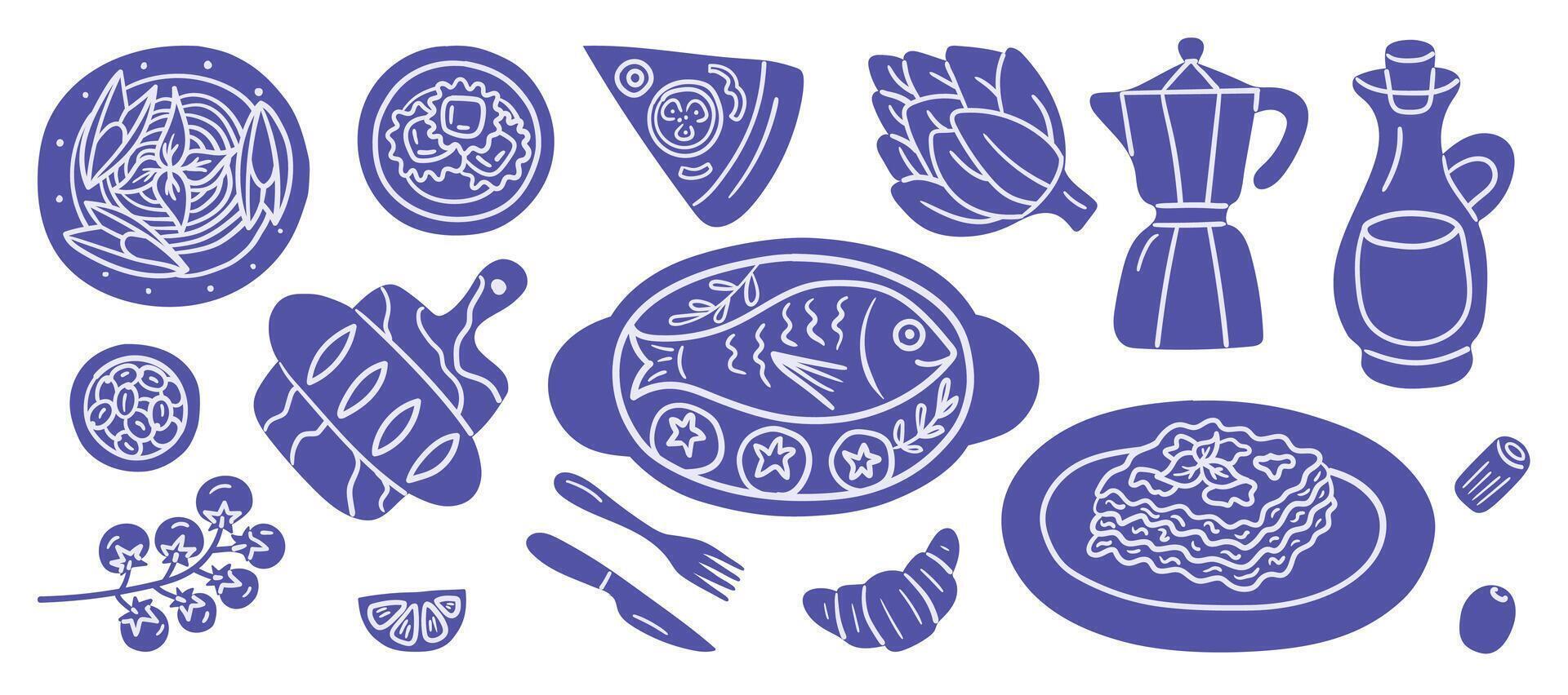 Collection of hand-drawn Italian food icons with dorado fish, lasagna, ravioli, vegetables, wine, coffee maker, and more. Created with ink-like lines for traditional culinary-themed designs. vector