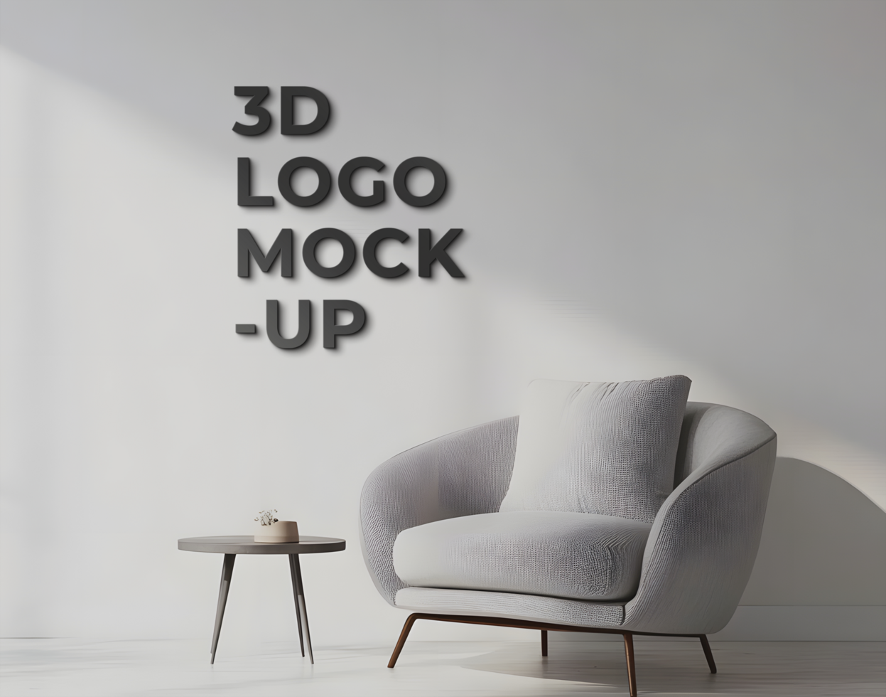 3D logo mockup featuring a chair and table setup psd