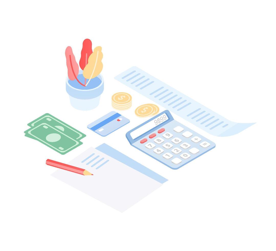 Paper document, money banknotes and coins, receipt, calculator, credit card and pencil isolated on white background. Home financial control and planning. Modern colorful isometric illustration. vector