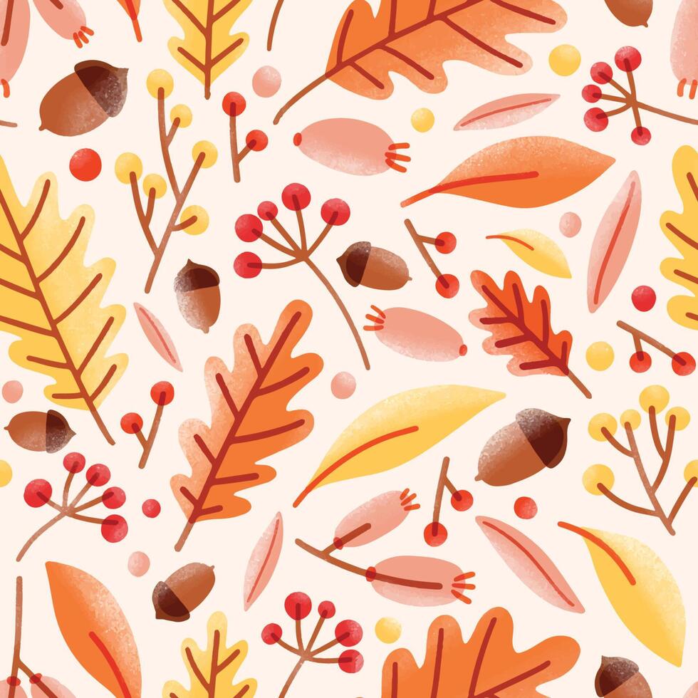 Seasonal seamless pattern with acorns, fallen oak leaves, viburnum berries on white background. Natural illustration in modern flat style for wrapping paper, wallpaper, textile print, backdrop. vector