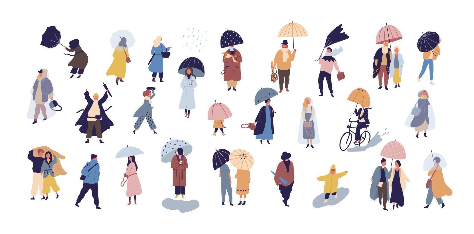 Collection of people walking under umbrella on autumn rainy day isolated on blue background. Crowd of tiny men and women under rain or rainfall. Colorful illustration in modern flat style. vector