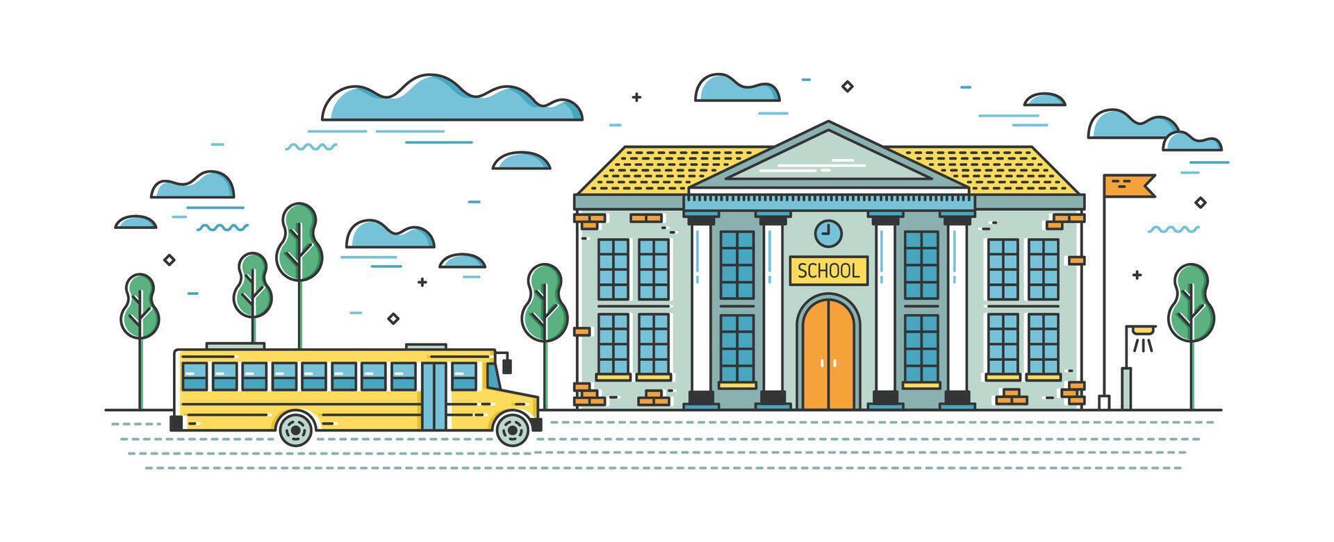 Web banner template with elegant school building and bus for pupils on road. Educational institution, system of formal education. Colorful illustration in lineart style. vector