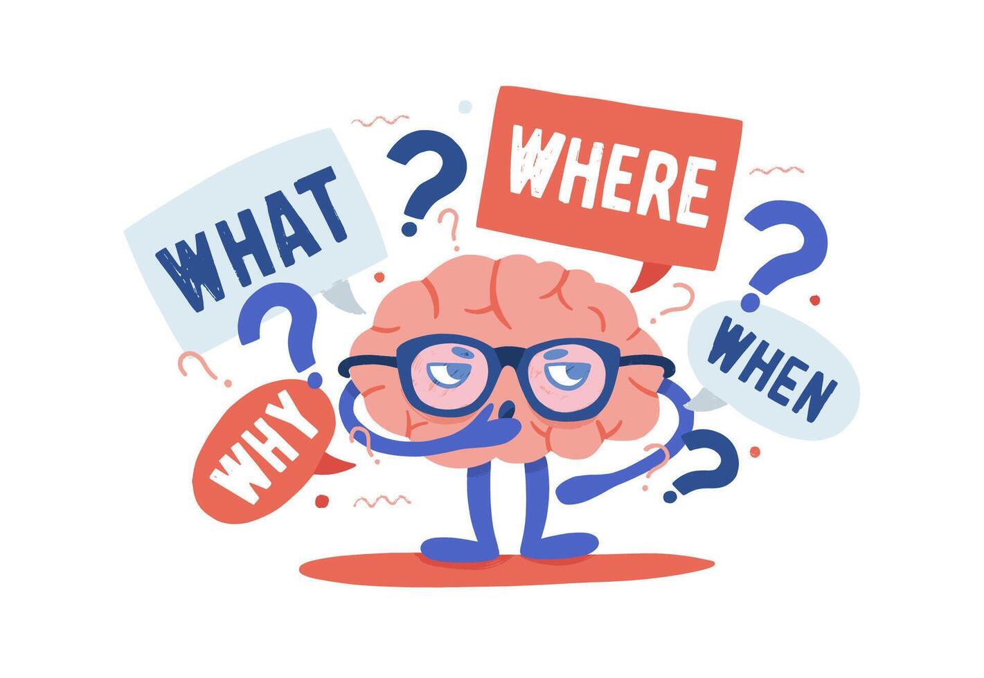 Adorable curious human brain with glasses solving riddles surrounded by questions and interrogation points. Cartoon character isolated on white background. Colorful illustration in flat style. vector