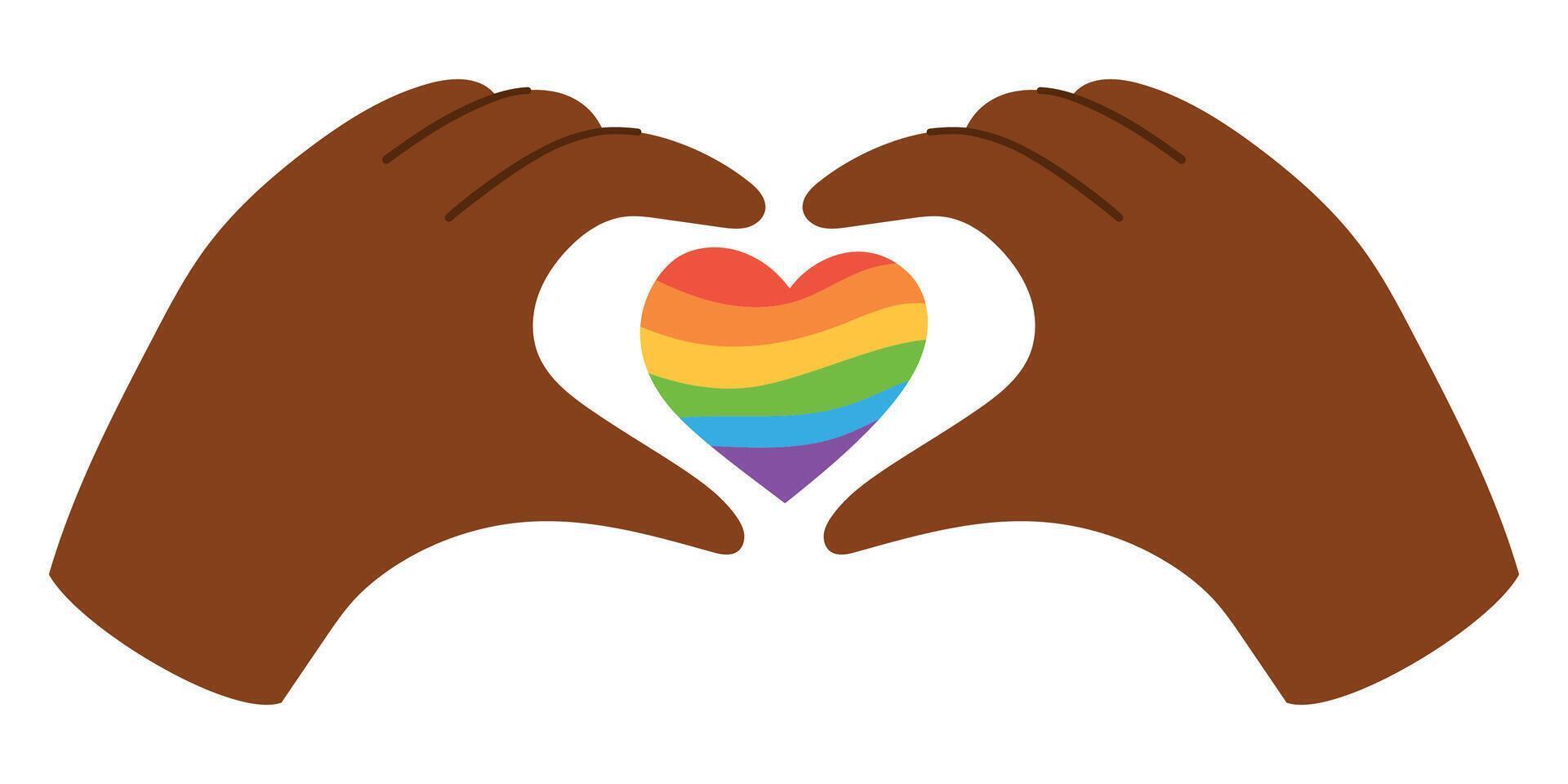 Black Hands Forming Heart Shape Around Rainbow Heart Isolated on White. LGBTQ Pride Symbol Celebrating Love, Inclusion, and Diversity. Colorful Illustration for Pride Month and Equality Themes vector