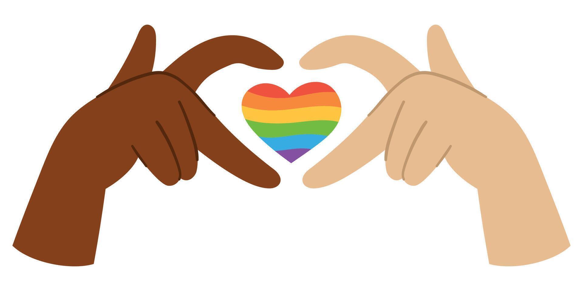 Black and White Hands Forming Heart Shape Around Rainbow Heart Isolated on White. LGBTQ Pride Symbol Celebrating Love, Inclusion, and Diversity. Illustration for Pride Month and Equality Themes vector