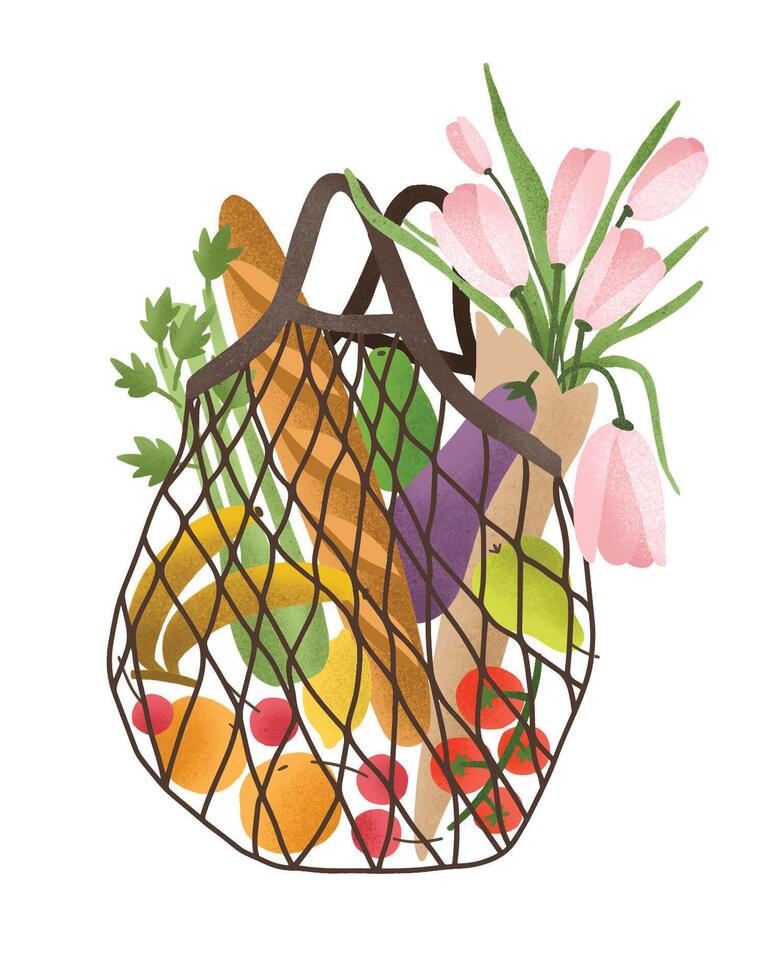 Mesh or net bag full of healthy food products isolated on white background. Trendy shopper with fresh vegetables, fruits and flowers from local market. illustration in flat cartoon style. vector