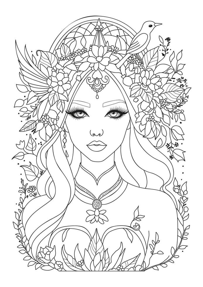Portrait of a beautiful girl. Coloring page for children and adults. Black and white illustration for coloring. vector