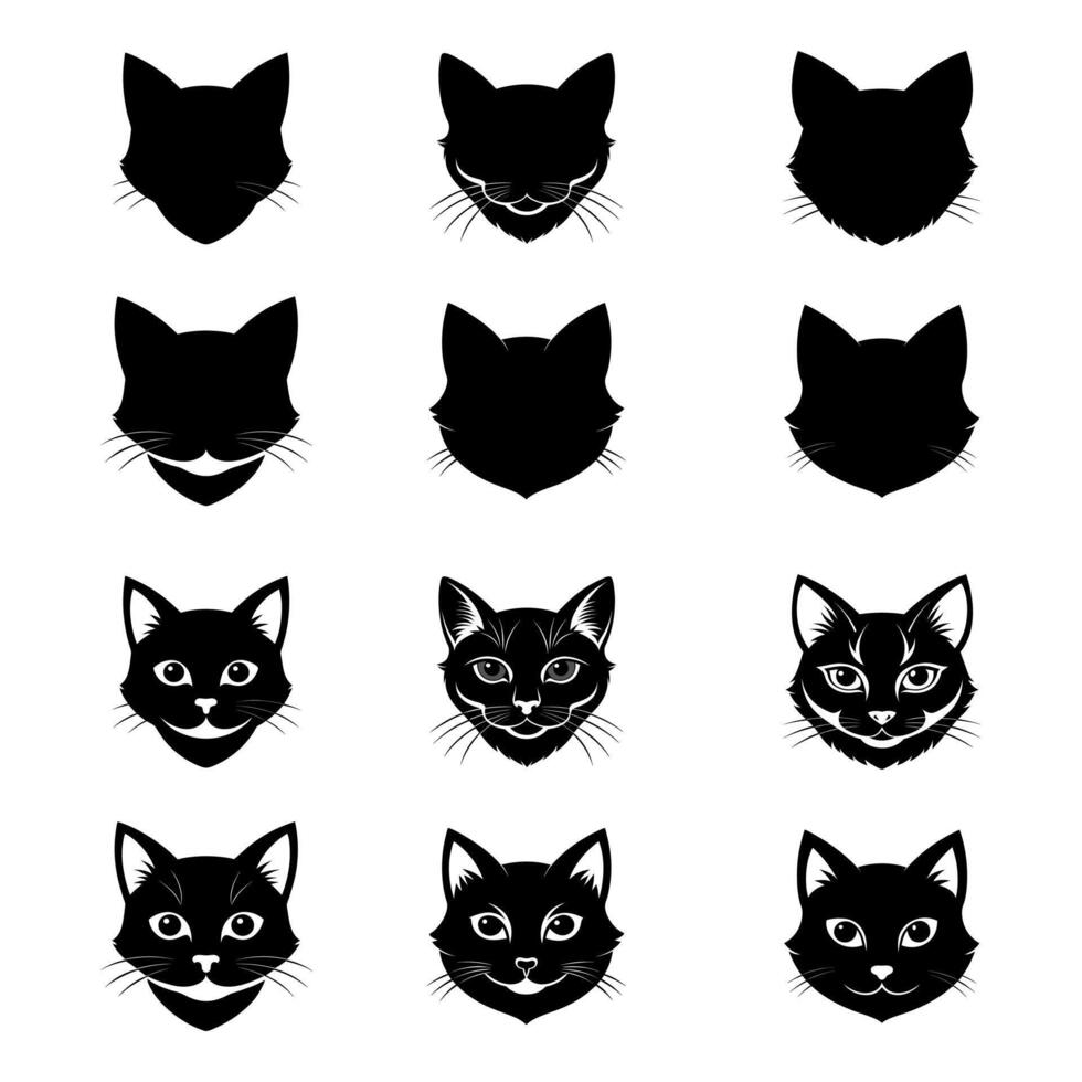 a set of black cat faces with different expressions vector