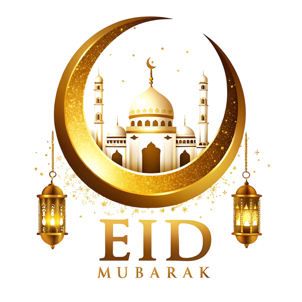 Eid mubarak greeting card with mosque and lanterns png
