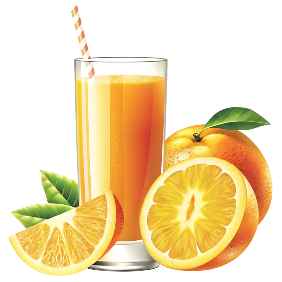 Orange juice with a straw and slices of oranges png