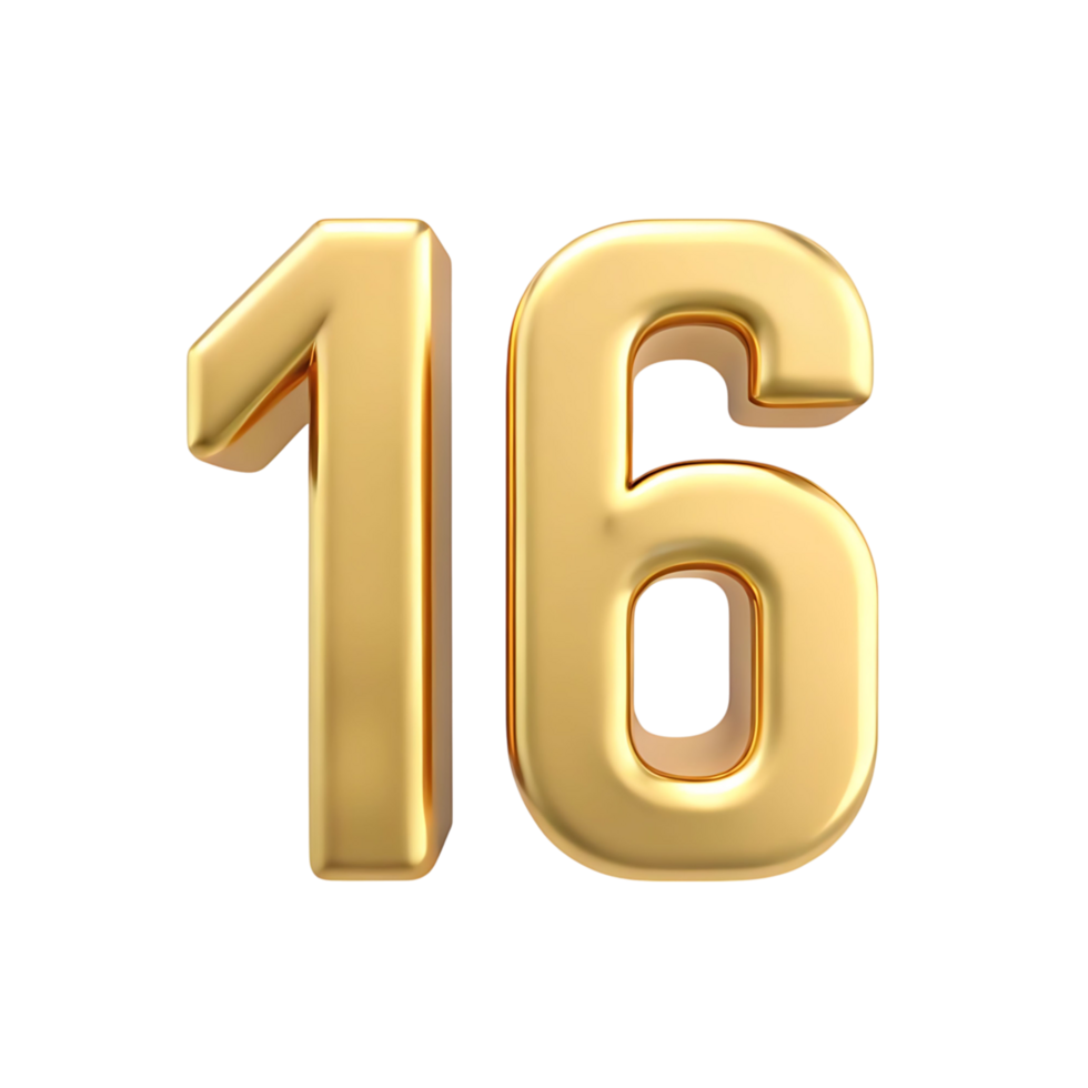 A Stunning 3D Render of the Number Sixteen in Gold on transparent Background png