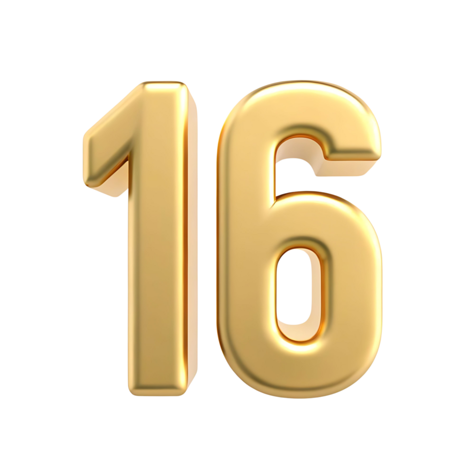Golden Number Sixteen 3D Render on transparent Background png