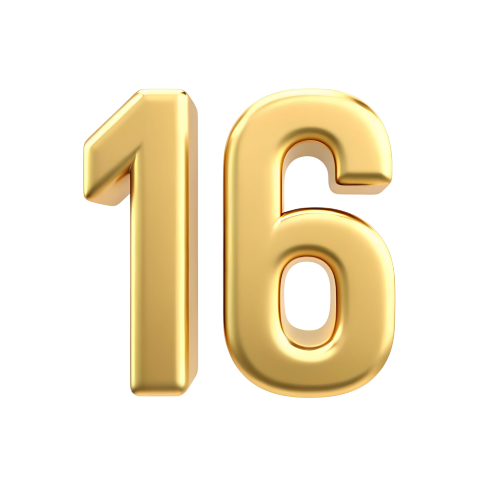 Shiny Golden Number Sixteen on transparent Background 3D Render png