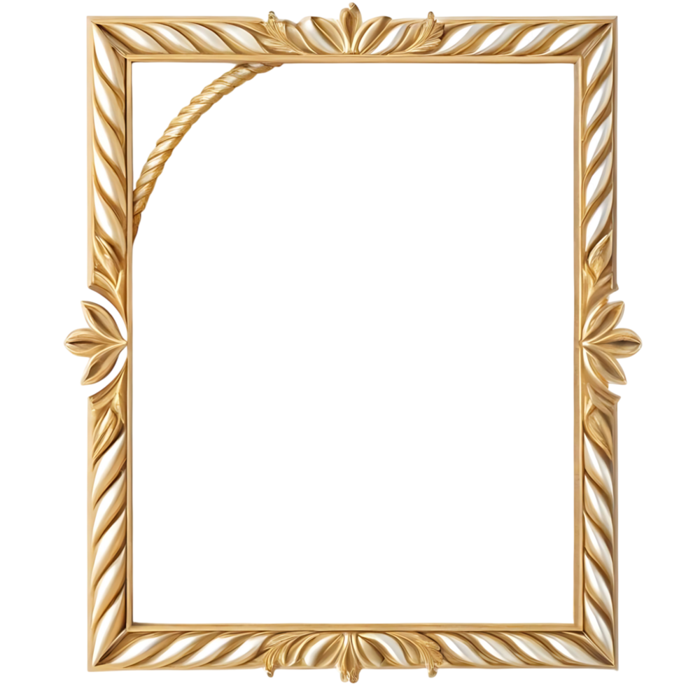 Ornate Gold and White Picture Frame with Intricate Carving and Twisted Rope Design Element png