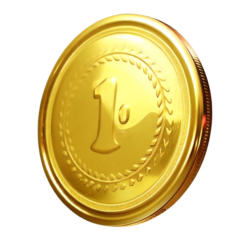 Shiny Golden Coin with Number One Embossed Center and Decorative Border png