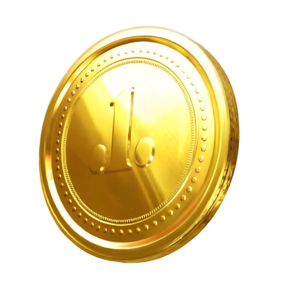 A 3D Render of a Shiny Gold Coin with the Number 10 Embossed on it png